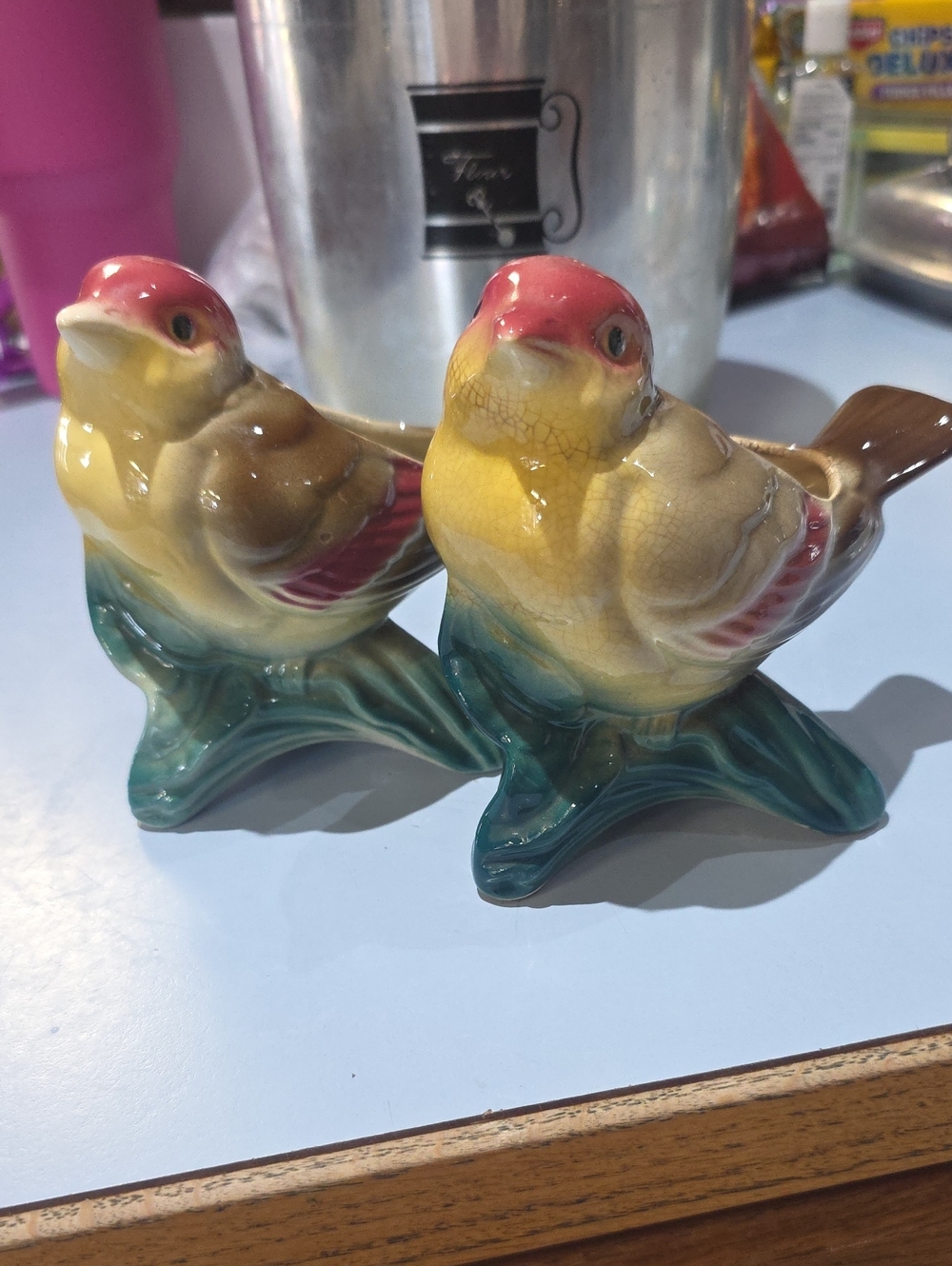 Vintage Royal Copley Ceramic Decorative Bird Figurines - Red & Yellow Glaze